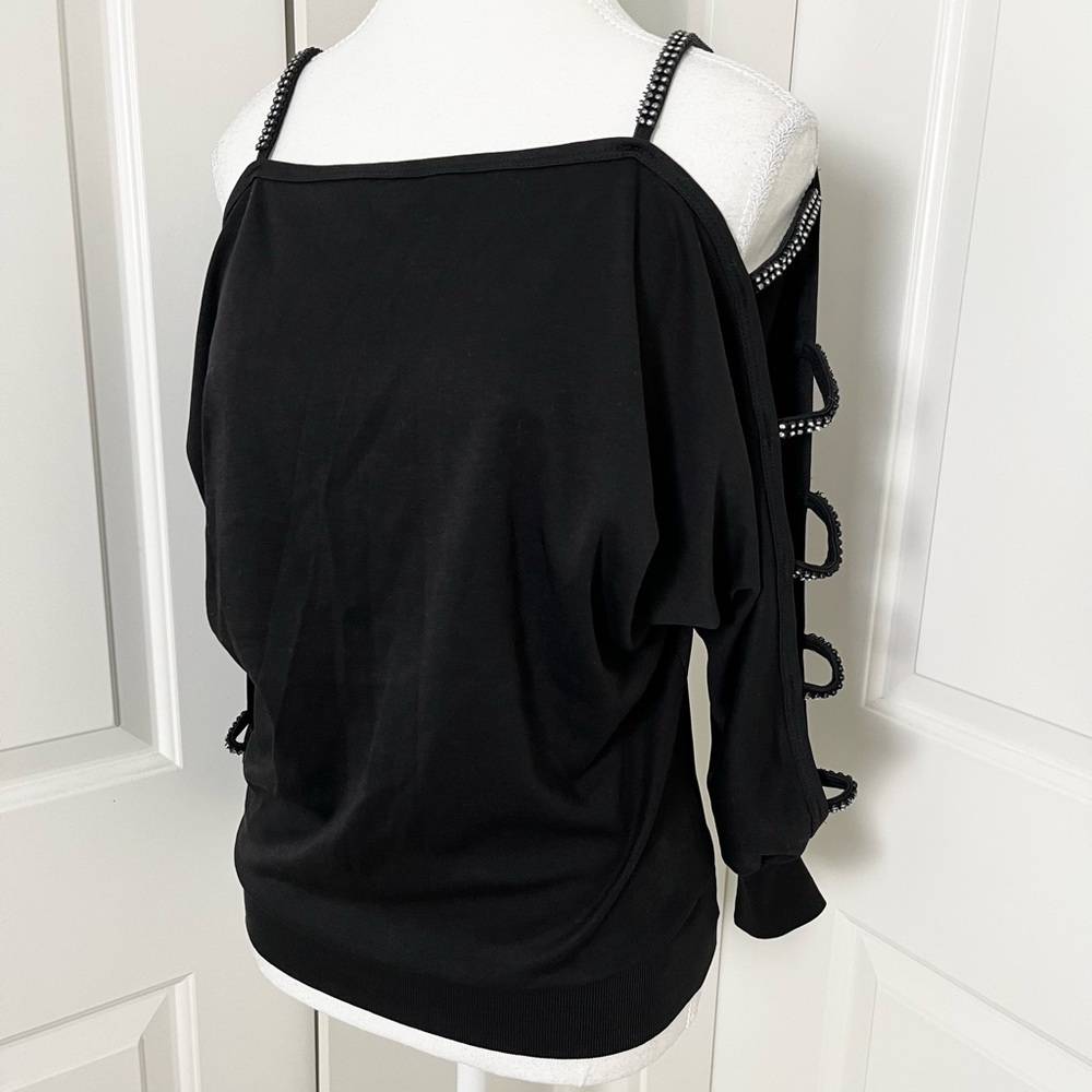 Vintage Michael Carrie Black Cutout Shoulder Blouse with Crystal Details-Medium